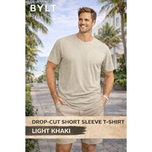 BYLT Mens Drop Cut Short Sleeve T Shirt Size Medium Light Khaki Blend